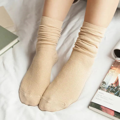 CHAOZHU Japanese Korean High School Girls High Socks Loose Solid Colors Double Needles Knitting Cotton Long Socks For Women