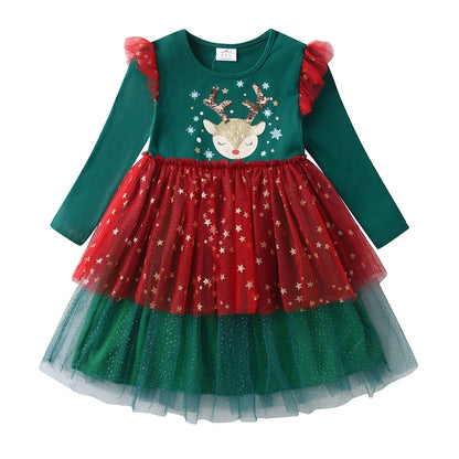 VIKITA Girls Christmas New Year Dresses Kids Elk Snowflakes Print Long Sleeve Autumn Winter Princess Cute Fashion Dress 3-12 Yrs