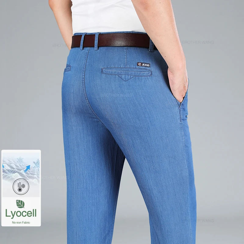 Summer Ultra-thin Men's Lyocell Jeans Classic High-waist Business Straight Drape No-iron Denim Trousers Brand Male Pants