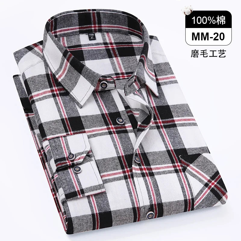 Men's 100% Pure Cotton Flannel Soft Regular-fit Long Sleeve Brushed Shirt Single Pocket Comfortable Casual Plaid Shirts S-8XL