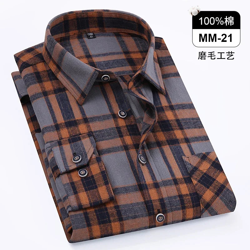 Men's 100% Pure Cotton Flannel Soft Regular-fit Long Sleeve Brushed Shirt Single Pocket Comfortable Casual Plaid Shirts S-8XL