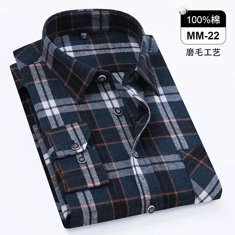 Men's 100% Pure Cotton Flannel Soft Regular-fit Long Sleeve Brushed Shirt Single Pocket Comfortable Casual Plaid Shirts S-8XL