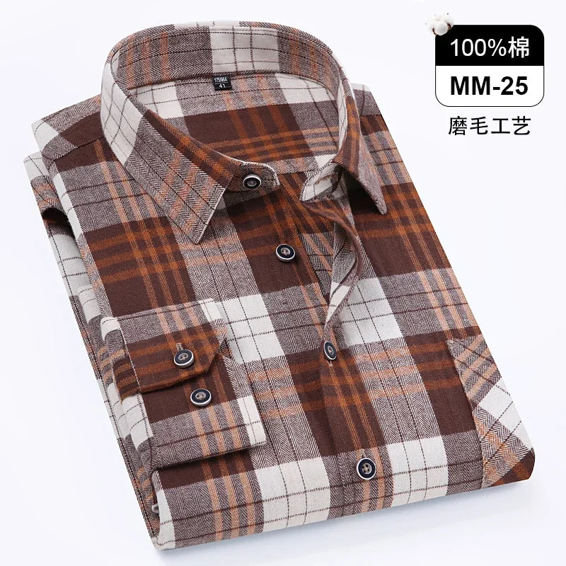 Men's 100% Pure Cotton Flannel Soft Regular-fit Long Sleeve Brushed Shirt Single Pocket Comfortable Casual Plaid Shirts S-8XL