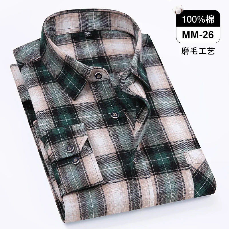 Men's 100% Pure Cotton Flannel Soft Regular-fit Long Sleeve Brushed Shirt Single Pocket Comfortable Casual Plaid Shirts S-8XL