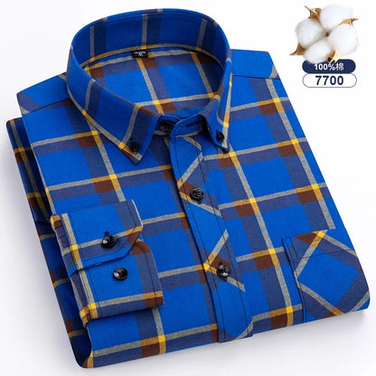 Men's 100% Pure Cotton Flannel Soft Regular-fit Long Sleeve Brushed Shirt Single Pocket Comfortable Casual Plaid Shirts S-8XL