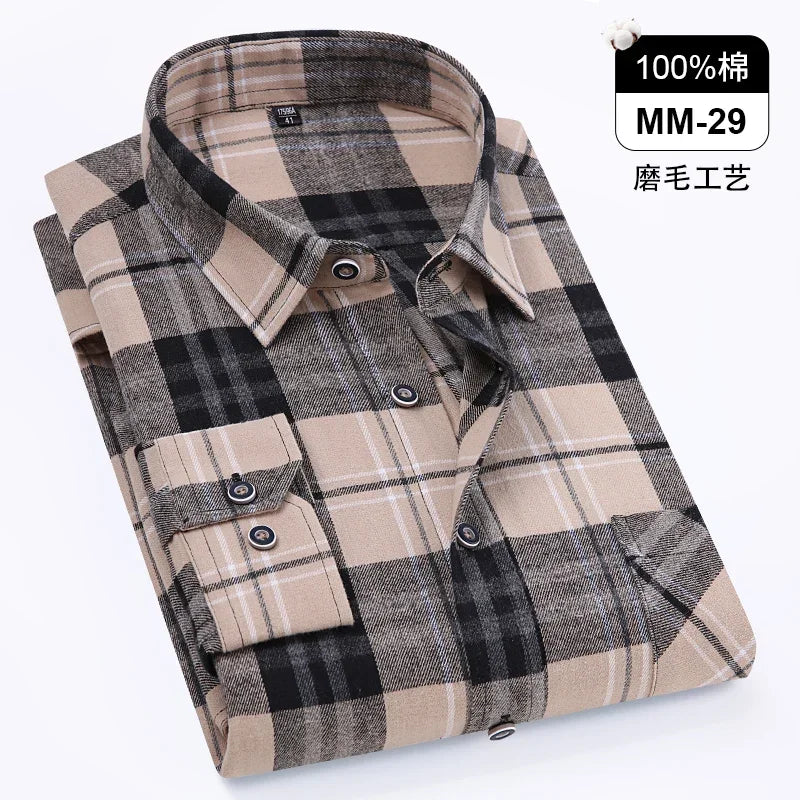 Men's 100% Pure Cotton Flannel Soft Regular-fit Long Sleeve Brushed Shirt Single Pocket Comfortable Casual Plaid Shirts S-8XL