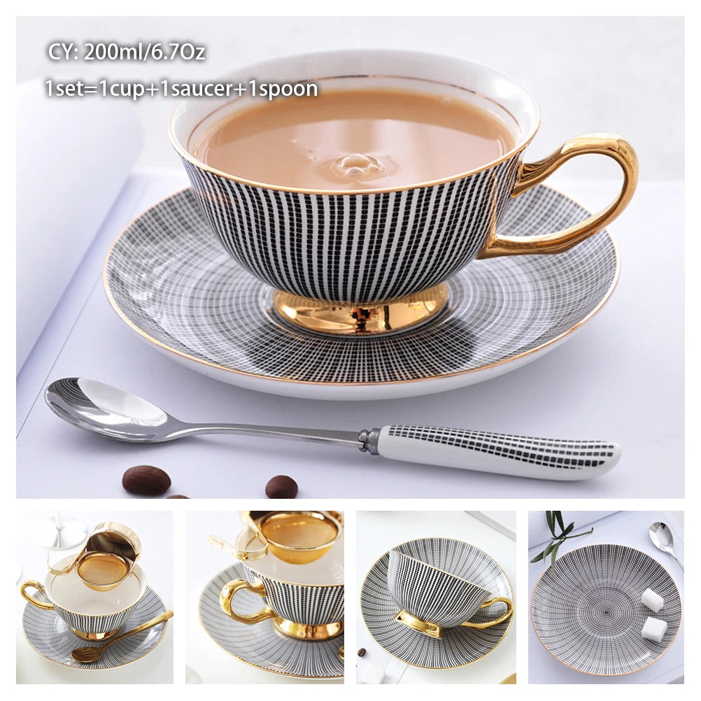 Europe Bone China Coffee Cup Saucer Spoon Set 200ml Luxury Ceramic Mug Top-grade Porcelain Tea Cup Cafe Teaware Party Drinkware