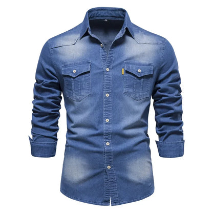 US Size S-5XL Cotton Men's Long-sleeved Washed Denim Shirt Casual All-match Button Solid Color outdoor Shirt Male