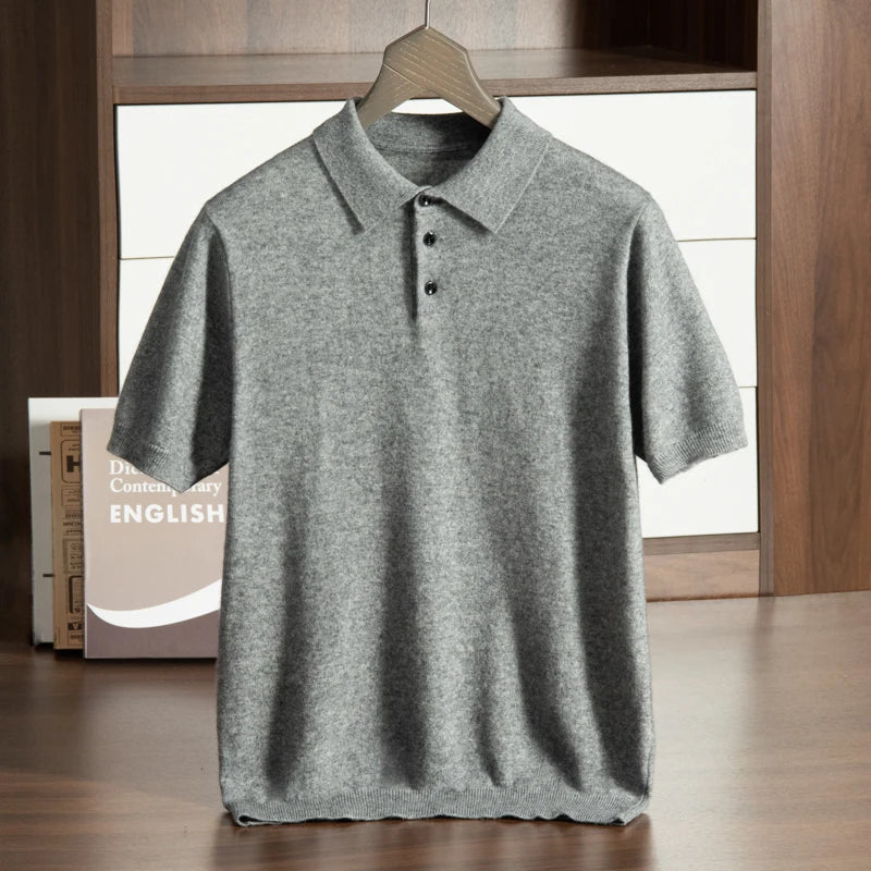 High End Men's 100% Cashmere T-shirt POLO Collar Pullover Shirt Casual Business Knitted Short Sleeved Summer Half Sleeved Top