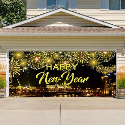 Happy New Year Garage Door Decorations Backdrop Large Garage Door Cover Banner Outdoor Indoor Wall Courtyard Photo Background