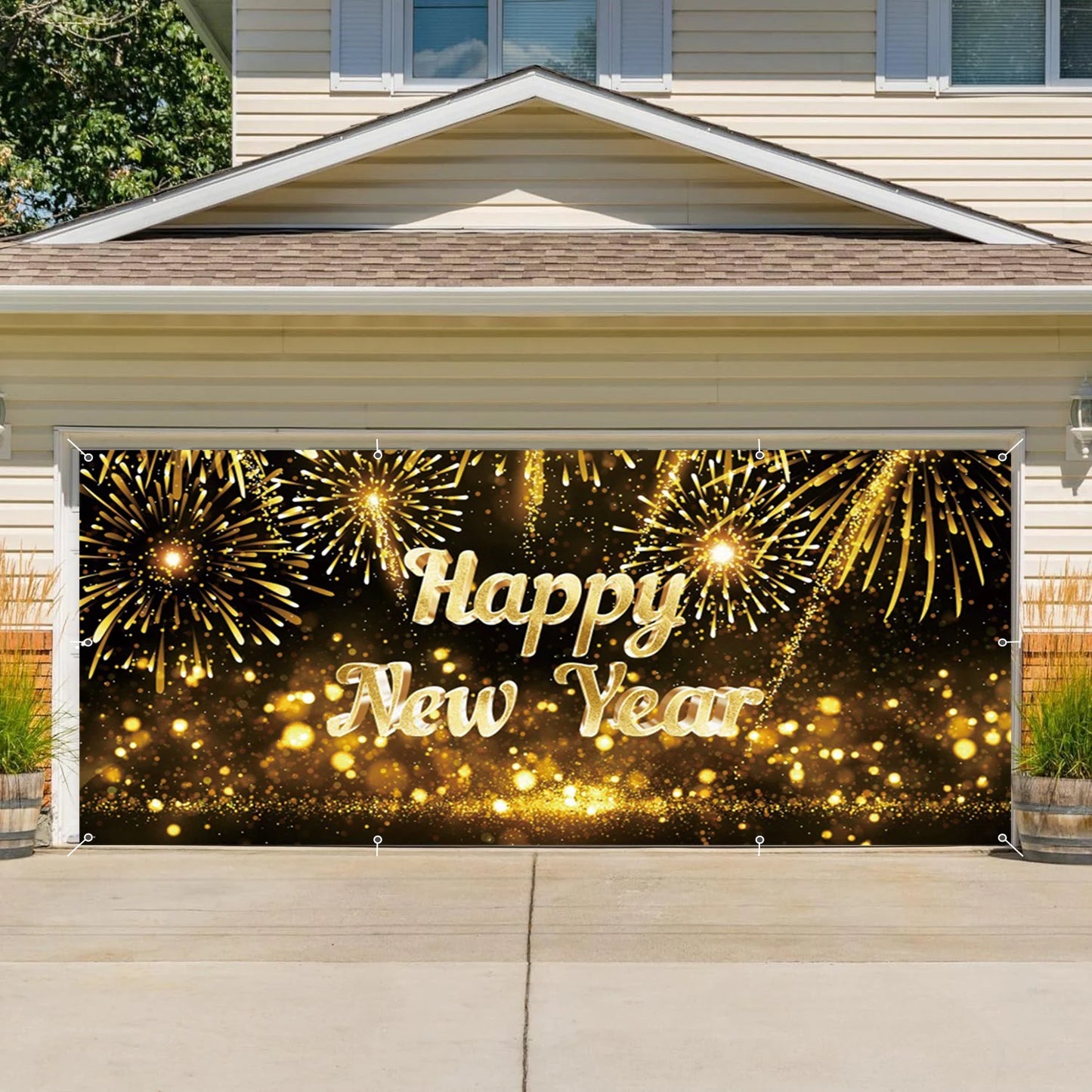 Happy New Year Garage Door Decorations Backdrop Large Garage Door Cover Banner Outdoor Indoor Wall Courtyard Photo Background