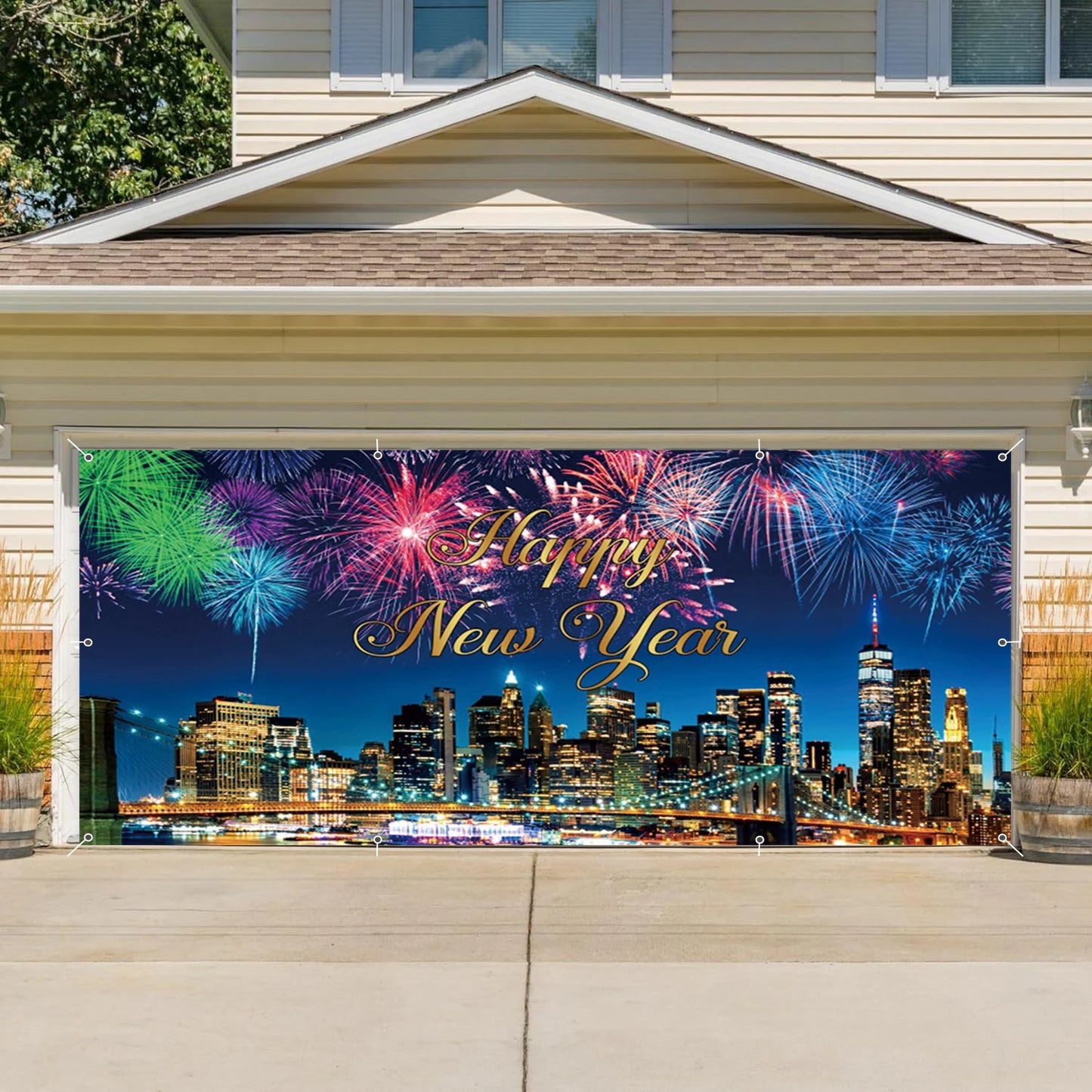 Happy New Year Garage Door Decorations Backdrop Large Garage Door Cover Banner Outdoor Indoor Wall Courtyard Photo Background