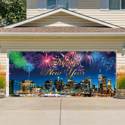 Happy New Year Garage Door Decorations Backdrop Large Garage Door Cover Banner Outdoor Indoor Wall Courtyard Photo Background