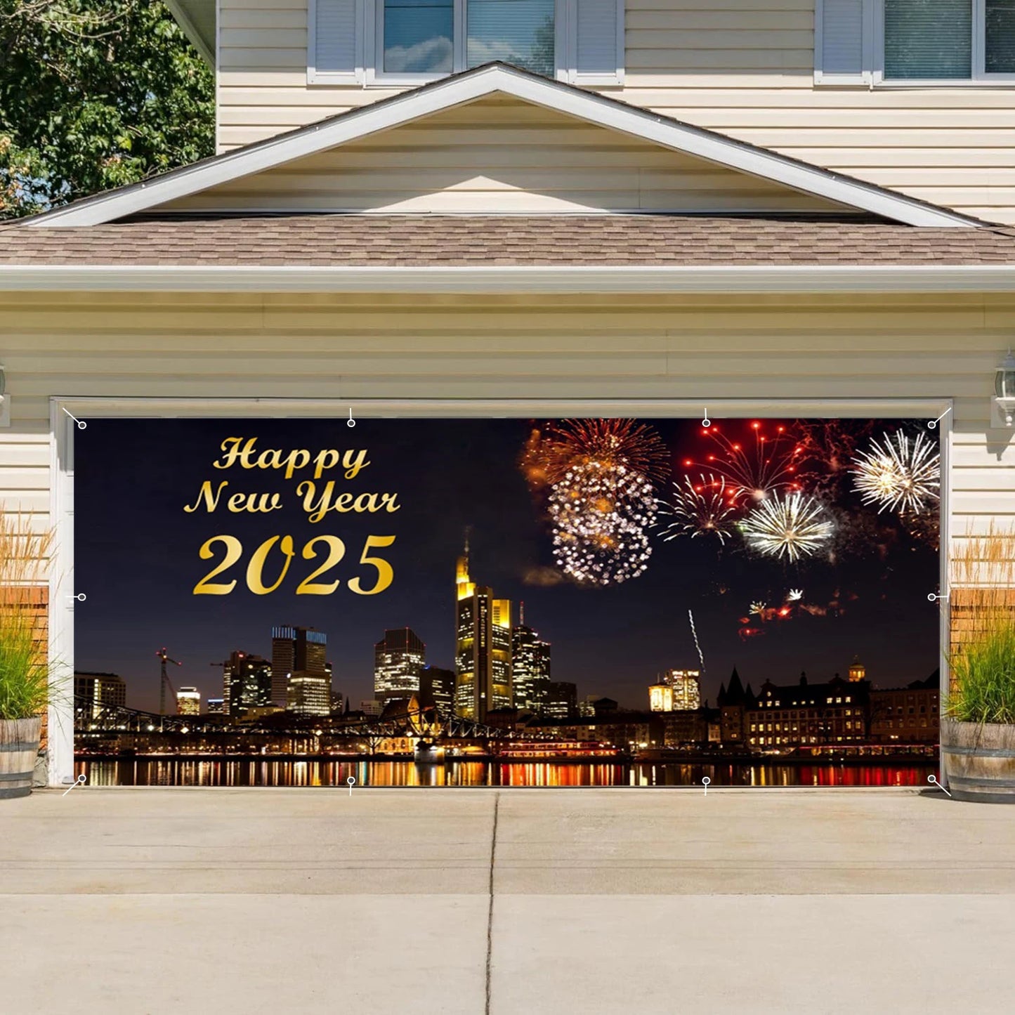 Happy New Year Garage Door Decorations Backdrop Large Garage Door Cover Banner Outdoor Indoor Wall Courtyard Photo Background