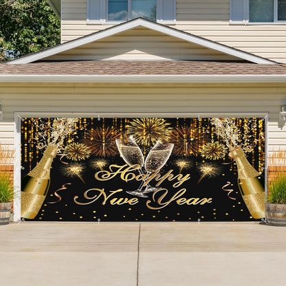 Happy New Year Garage Door Decorations Backdrop Large Garage Door Cover Banner Outdoor Indoor Wall Courtyard Photo Background