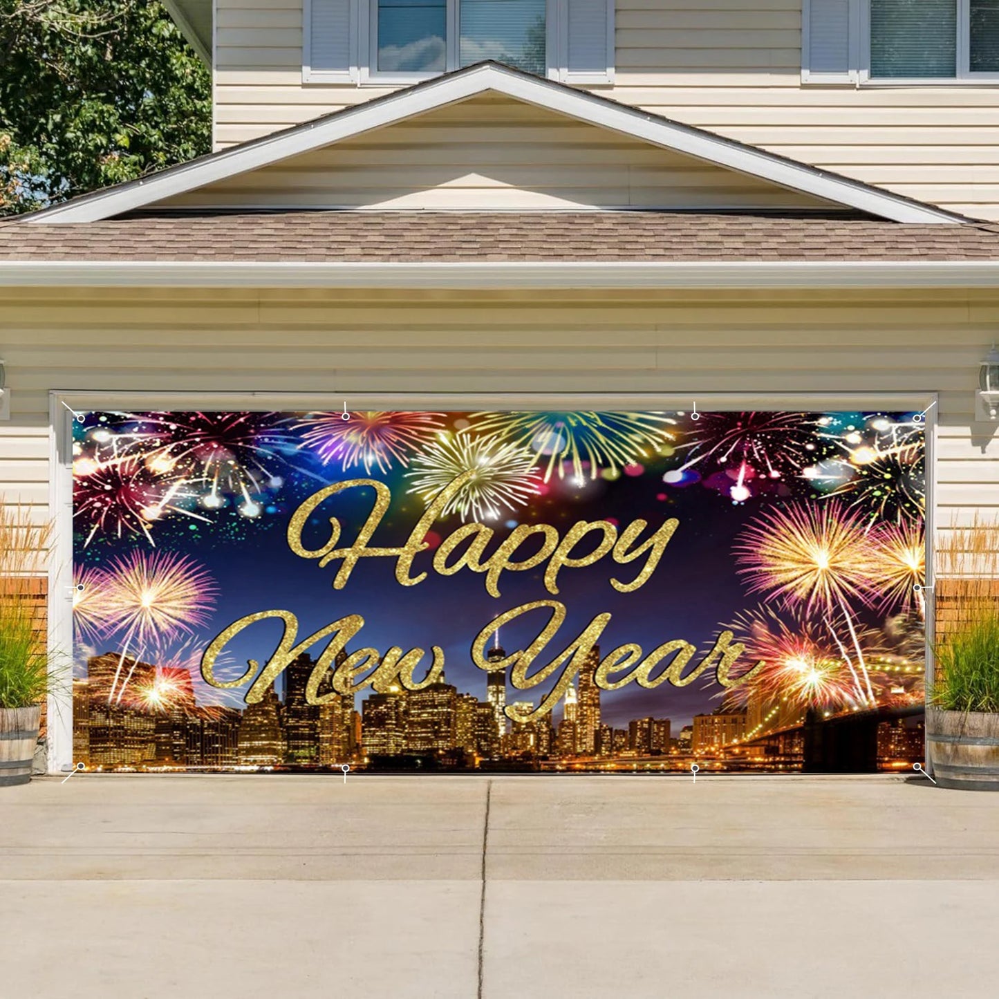 Happy New Year Garage Door Decorations Backdrop Large Garage Door Cover Banner Outdoor Indoor Wall Courtyard Photo Background