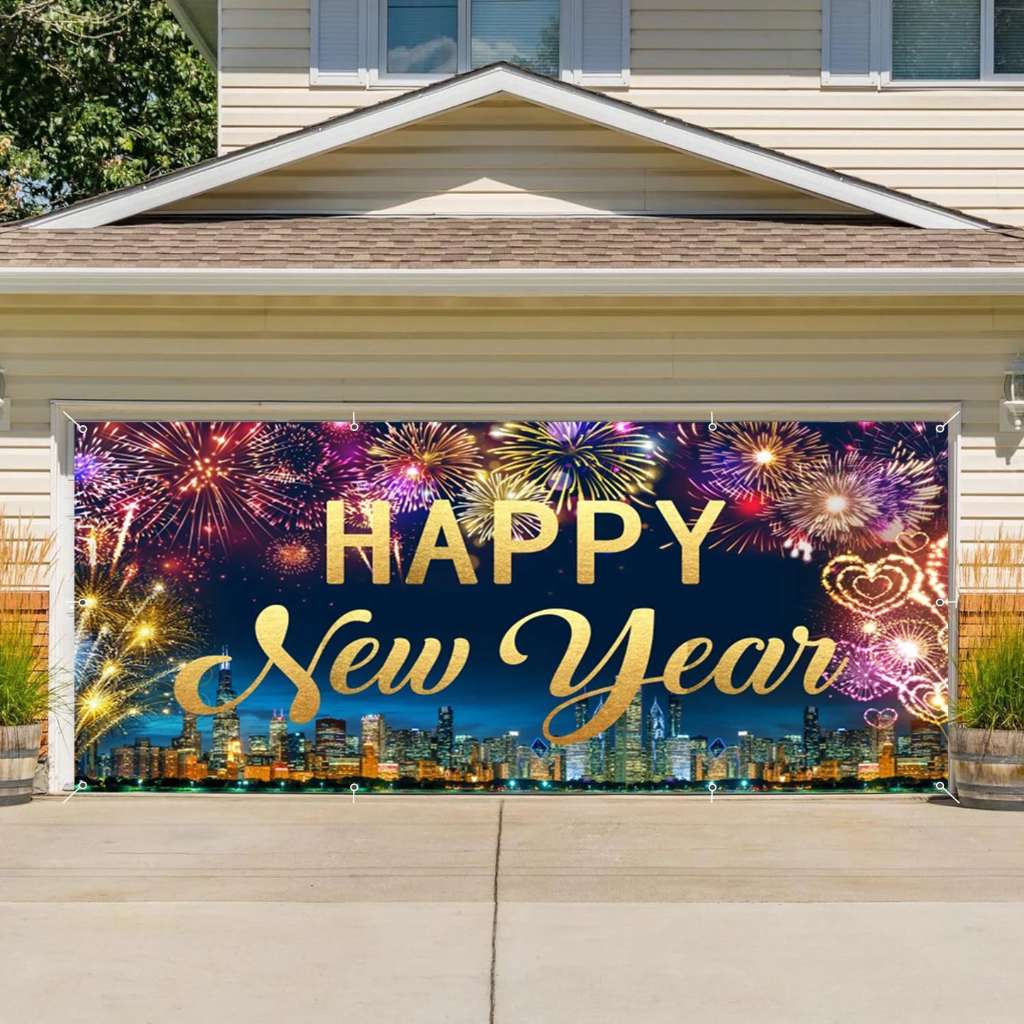 Happy New Year Garage Door Decorations Backdrop Large Garage Door Cover Banner Outdoor Indoor Wall Courtyard Photo Background