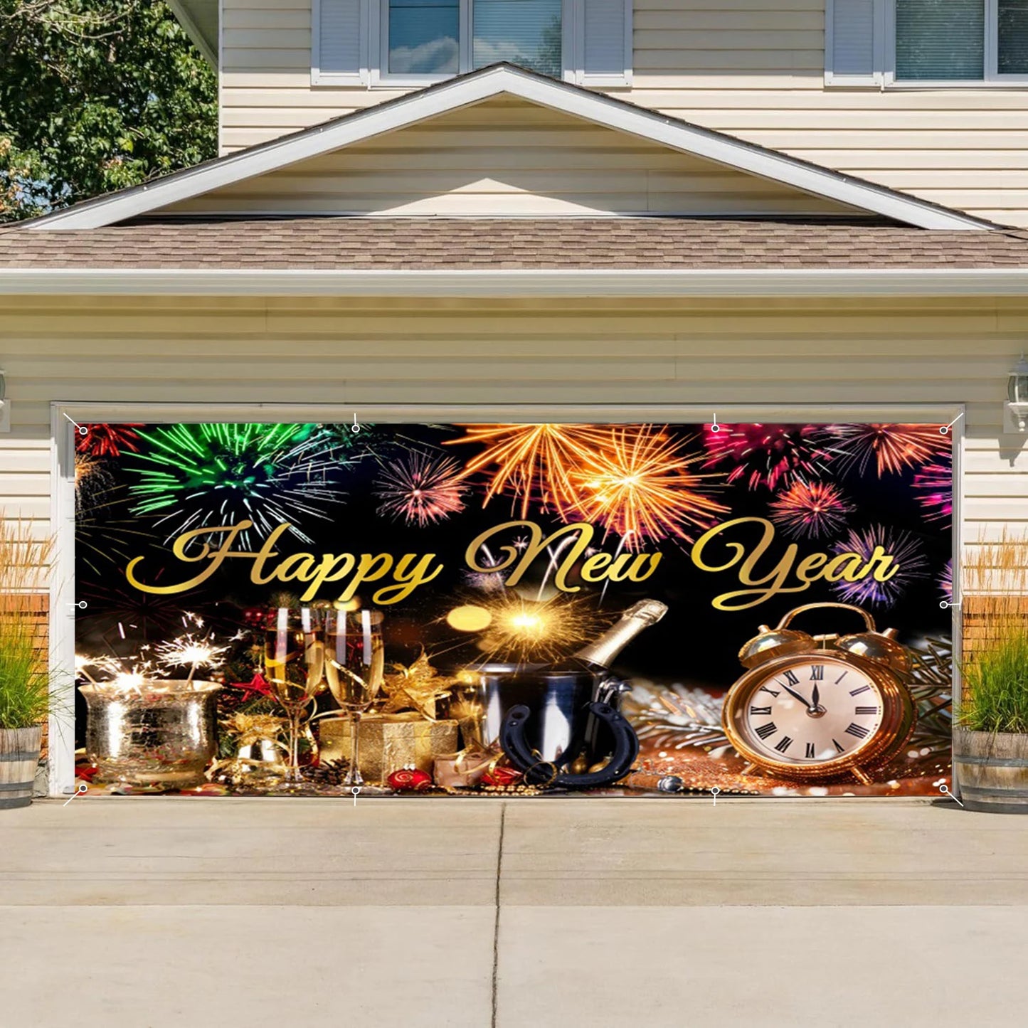 Happy New Year Garage Door Decorations Backdrop Large Garage Door Cover Banner Outdoor Indoor Wall Courtyard Photo Background