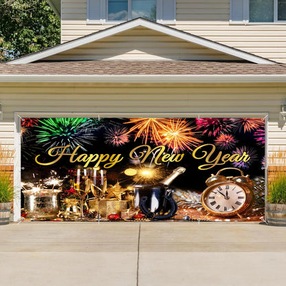 Happy New Year Garage Door Decorations Backdrop Large Garage Door Cover Banner Outdoor Indoor Wall Courtyard Photo Background