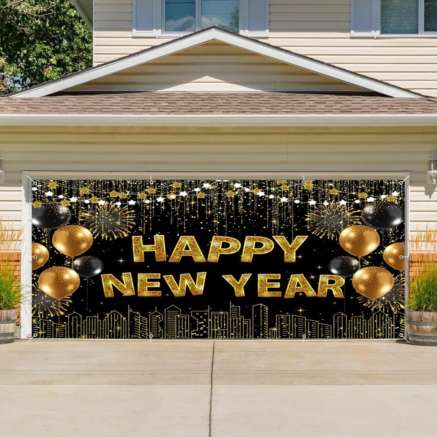 Happy New Year Garage Door Decorations Backdrop Large Garage Door Cover Banner Outdoor Indoor Wall Courtyard Photo Background