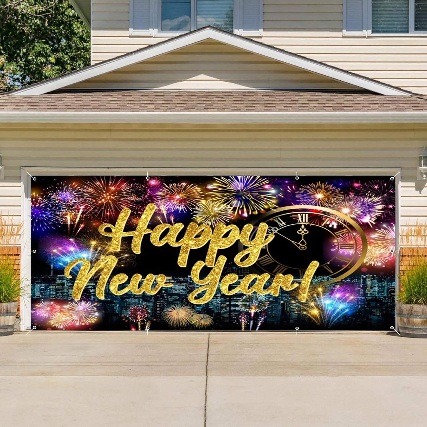 Happy New Year Garage Door Decorations Backdrop Large Garage Door Cover Banner Outdoor Indoor Wall Courtyard Photo Background