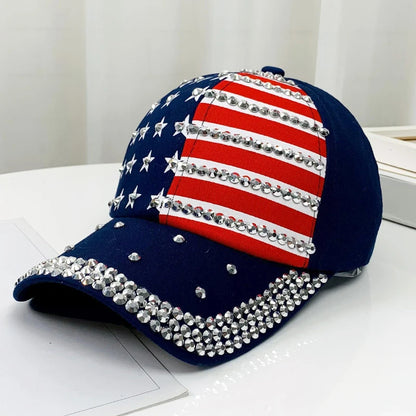 Adjustable Size 4th July Dad Hat USA American Flag Patriotic Baseball Cap Denim Distressed Rhinestone Bling Sparkle Hip Hop Hat