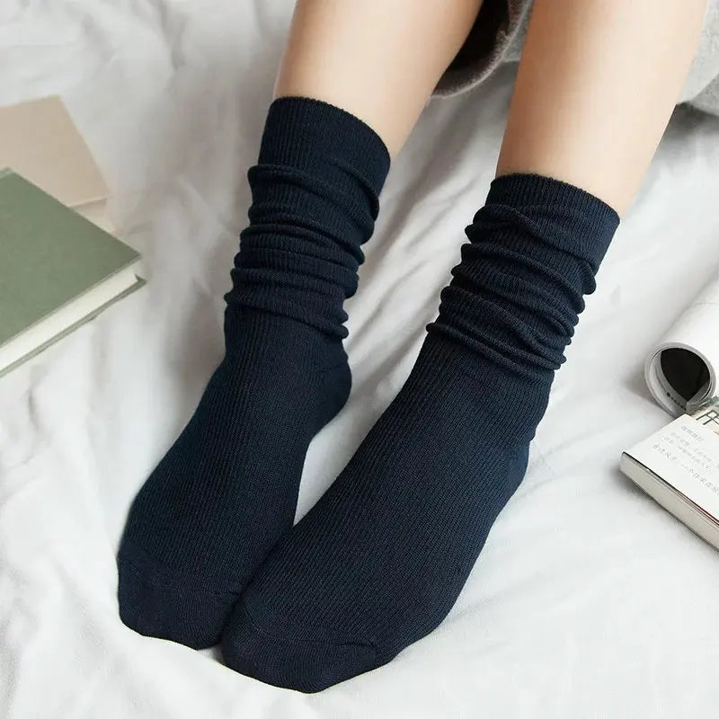 CHAOZHU Japanese Korean High School Girls High Socks Loose Solid Colors Double Needles Knitting Cotton Long Socks For Women