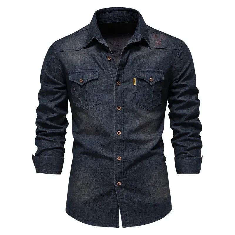 US Size S-5XL Cotton Men's Long-sleeved Washed Denim Shirt Casual All-match Button Solid Color outdoor Shirt Male