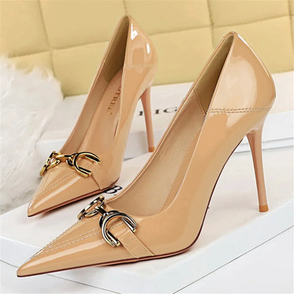 Women 7cm 10cm High Heels Wedding Bridal Replica Pumps Lady Scarpins Metal Chain Buckle Low Heels Stiletto Nude Green Prom Shoes