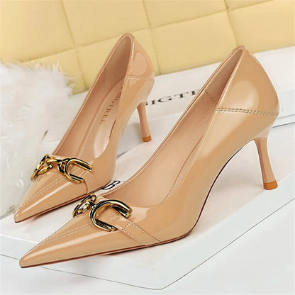 Women 7cm 10cm High Heels Wedding Bridal Replica Pumps Lady Scarpins Metal Chain Buckle Low Heels Stiletto Nude Green Prom Shoes