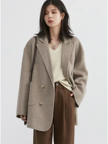 CHIC VEN Women's Woolen Coats Loose Casual Double Breasted Retro Double-sided Jacket Office Lady Outerwear Autumn Winter 2023