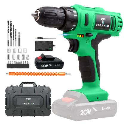 Tegatok 20V Cordless Power Drill,Position Drill with 18+1 , 2AH Li-ion Battery&Fast Charger.