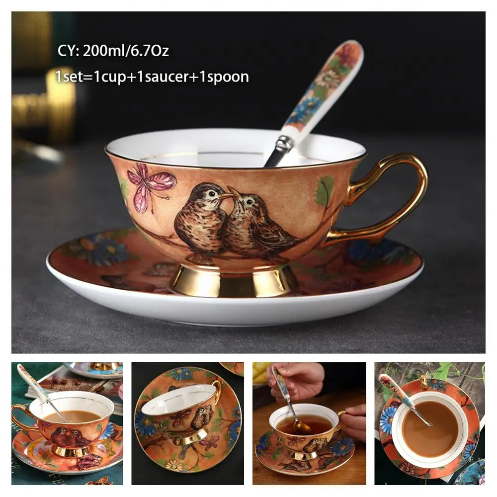 Europe Bone China Coffee Cup Saucer Spoon Set 200ml Luxury Ceramic Mug Top-grade Porcelain Tea Cup Cafe Teaware Party Drinkware