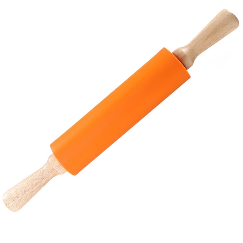 Non-Stick Silicone Rolling Pin Wooden Handle Pastry Dough Flour Roller Kitchen Cooking Baking Tool For Pasta Cookie Dough