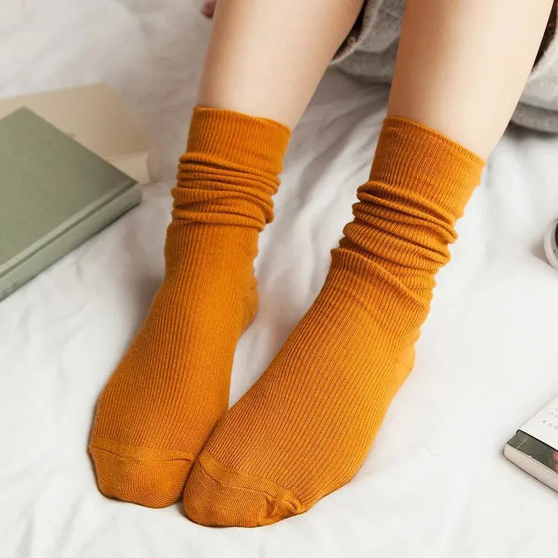 CHAOZHU Japanese Korean High School Girls High Socks Loose Solid Colors Double Needles Knitting Cotton Long Socks For Women