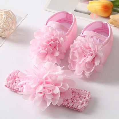 Infant Baby Girl Satin Bowknot Princess Shoes + Headband Set Soft Sole Shoes Lovely Princess Lace Non Slip Walker 0-18M