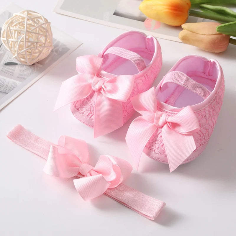 Infant Baby Girl Satin Bowknot Princess Shoes + Headband Set Soft Sole Shoes Lovely Princess Lace Non Slip Walker 0-18M