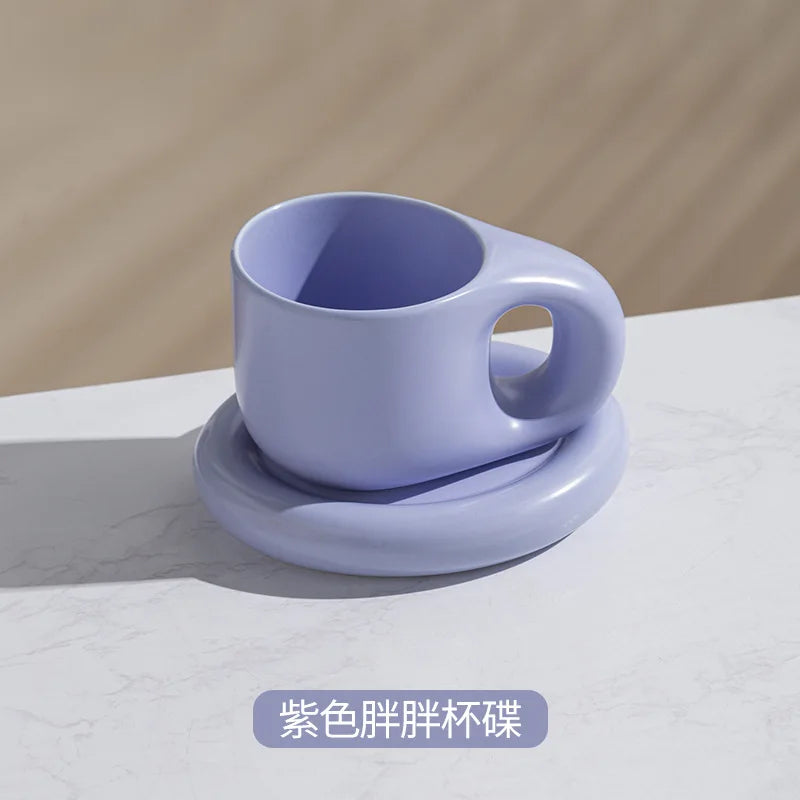 1set 400ml Ceramic Coffee Chubby Mug Saucer Set Creative Cute Fat Handle Cup With Saucer For Office And Home Room Decor