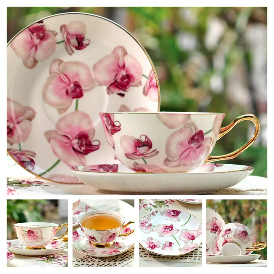 Europe Bone China Coffee Cup Saucer Spoon Set 200ml Luxury Ceramic Mug Top-grade Porcelain Tea Cup Cafe Teaware Party Drinkware