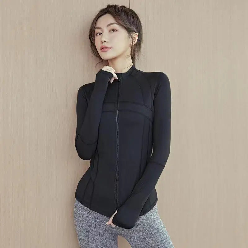 Women's Long Sleeves Sports Running Shirt Breathable Gym Workout Top Women's Yoga Jackets with Zipper with Finger Holes