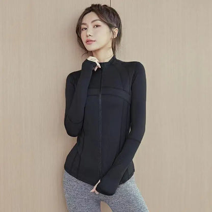 Women's Long Sleeves Sports Running Shirt Breathable Gym Workout Top Women's Yoga Jackets with Zipper with Finger Holes