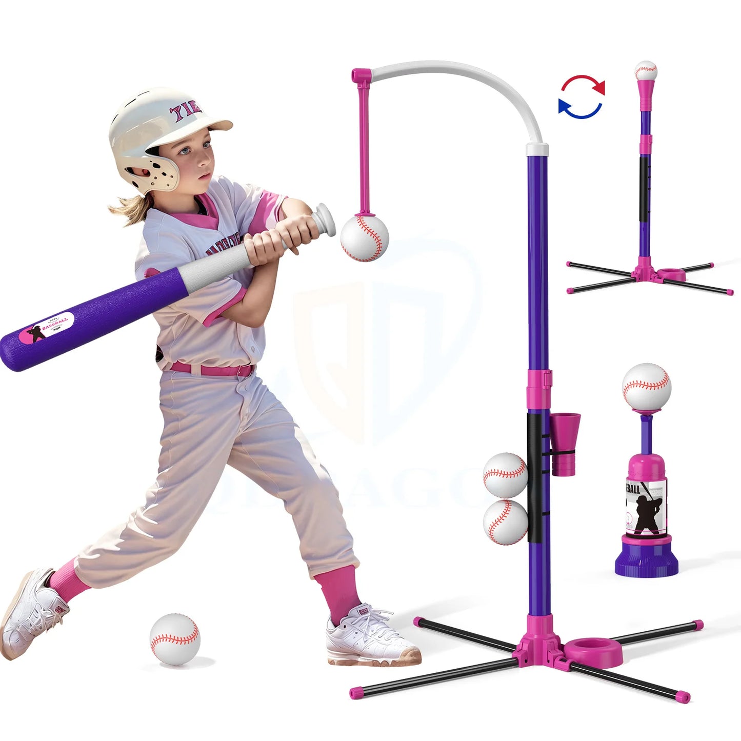 3 in 1 T Ball Set for Kids Baseball with Hanging Tee/Standing Tee/Automatic Launcher/6 Softballs Indoor Outdoor Sport Gifts Toys