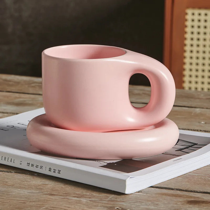 1set 400ml Ceramic Coffee Chubby Mug Saucer Set Creative Cute Fat Handle Cup With Saucer For Office And Home Room Decor