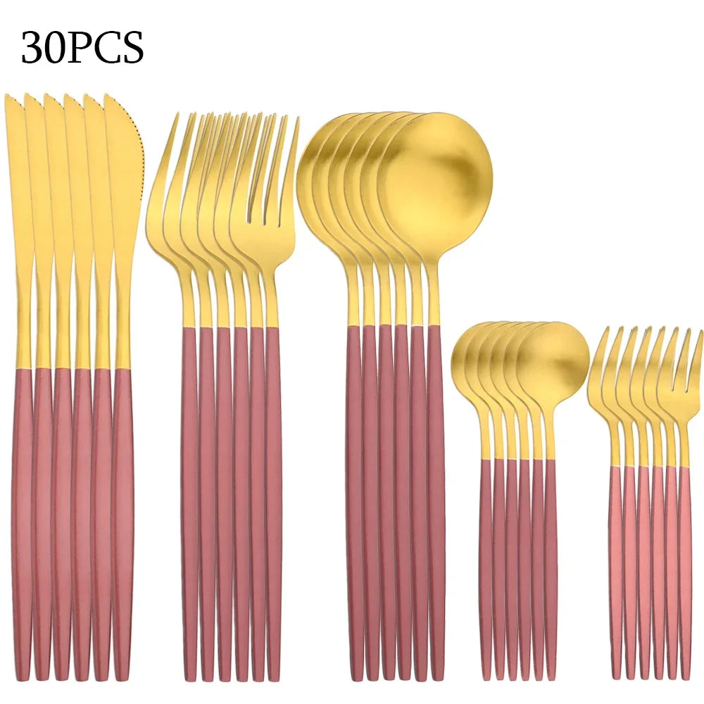 30Pcs Black Gold Dinnerware Set Stainless Steel Dinner Knife Fruit Fork Spoon Cutlery Set Kitchen Tableware Silverware Sets