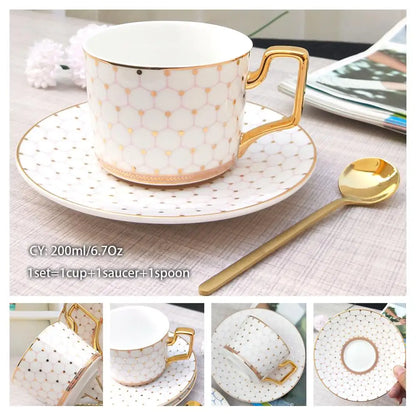 Europe Bone China Coffee Cup Saucer Spoon Set 200ml Luxury Ceramic Mug Top-grade Porcelain Tea Cup Cafe Teaware Party Drinkware