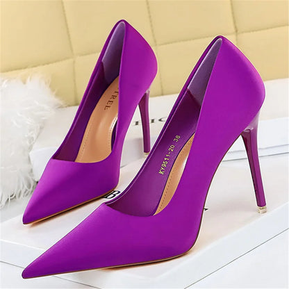 Women 7.5cm 10.5cm High Heels Scarpins Silk Satin Pumps Lady Quality Green Purple Fetish Wedding Bridal Mid Low Heels Prom Shoes