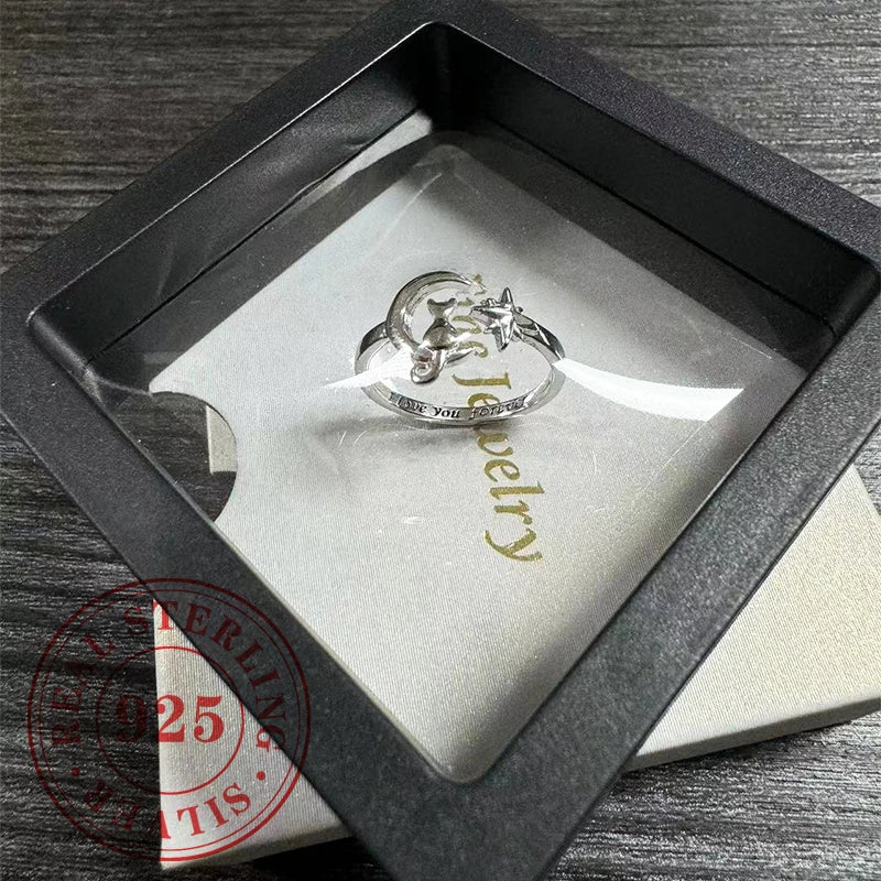 Huitan 925 Sterling Silver Opening Rings Unique Moon Star Cute Cat Design Finger Rings for Women Romantic Love Jewelry Best Gift