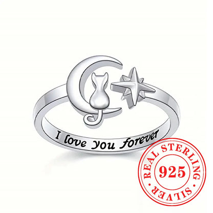 Huitan 925 Sterling Silver Opening Rings Unique Moon Star Cute Cat Design Finger Rings for Women Romantic Love Jewelry Best Gift