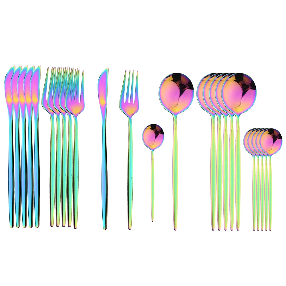 24Pcs Stainless Steel Dinnerware Set Kitchen Green Gold Cutlery Set Knife Fork Spoon Flatware Tableware Western Silverware Set