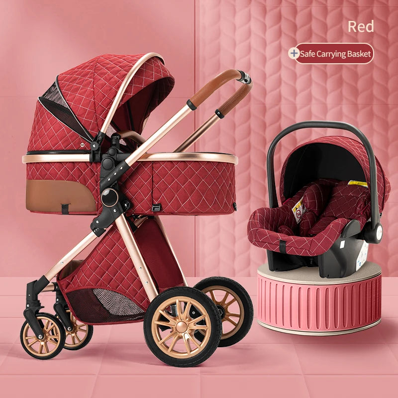 Luxury Baby Stroller 3 in 1 High Landscape Baby Cart Can Sit Can Lie Portable Pushchair Baby Cradel Infant Carrier